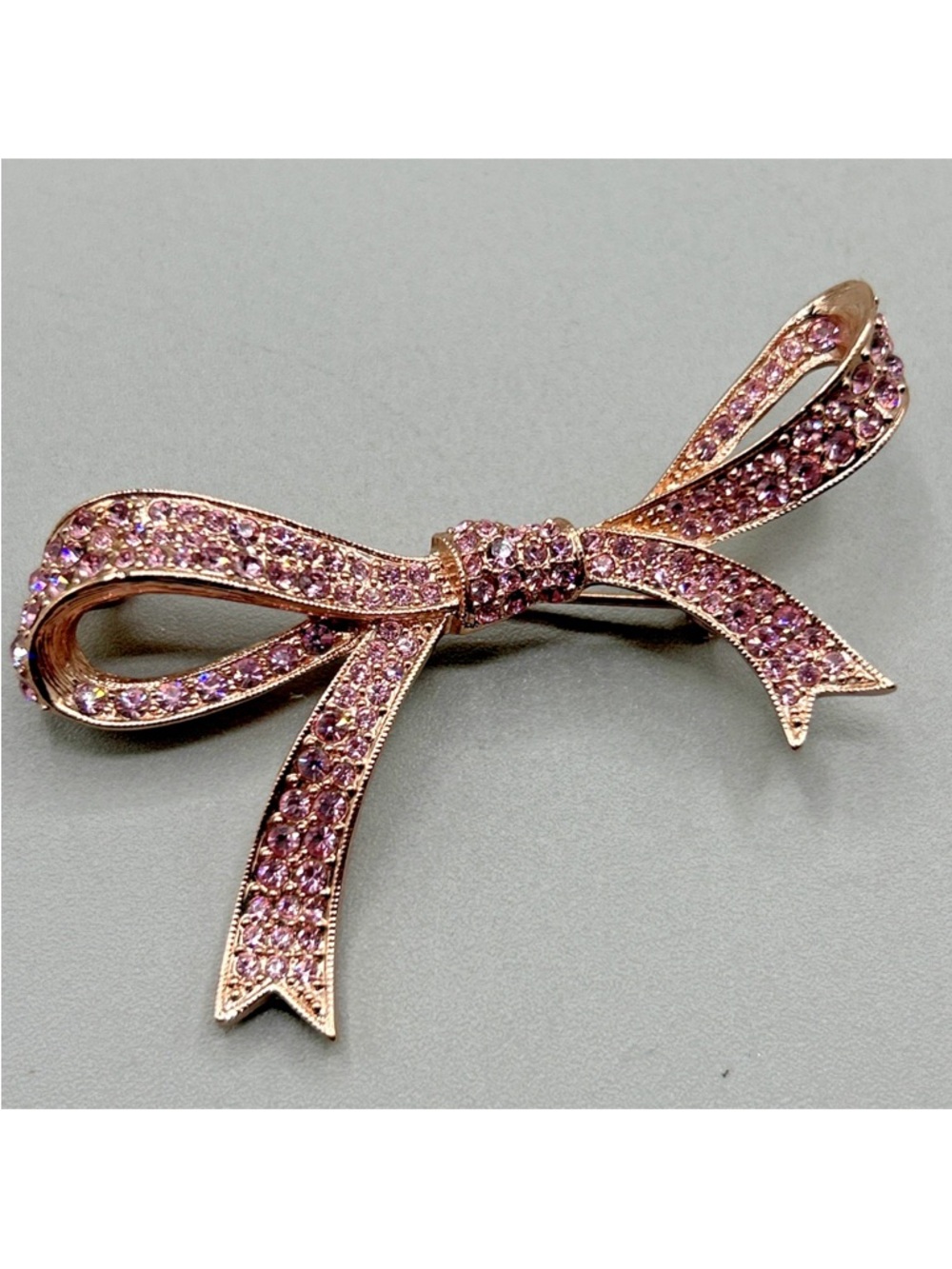 Vintage KJL Kenneth Jay Lane Pink Rhinestone Brooch Ribbon Bow Rose Gold Tone